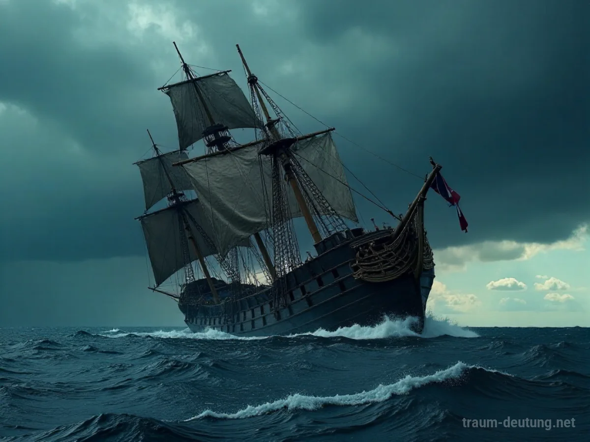 Ein Piratenschiff kentert in stürmischer See unter dunklen Wolken.