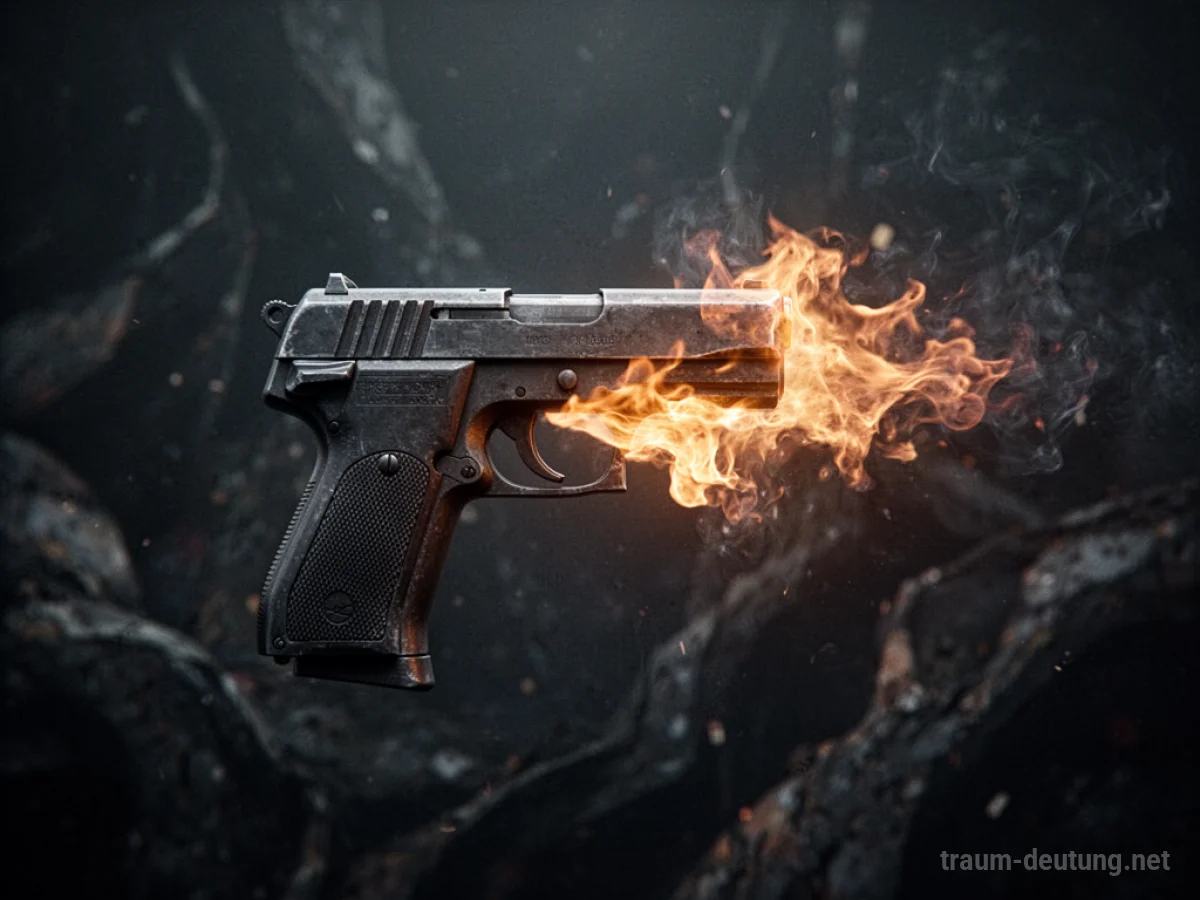 Eine Pistole, aus der Flammen schießen, vor dunklem Hintergrund.