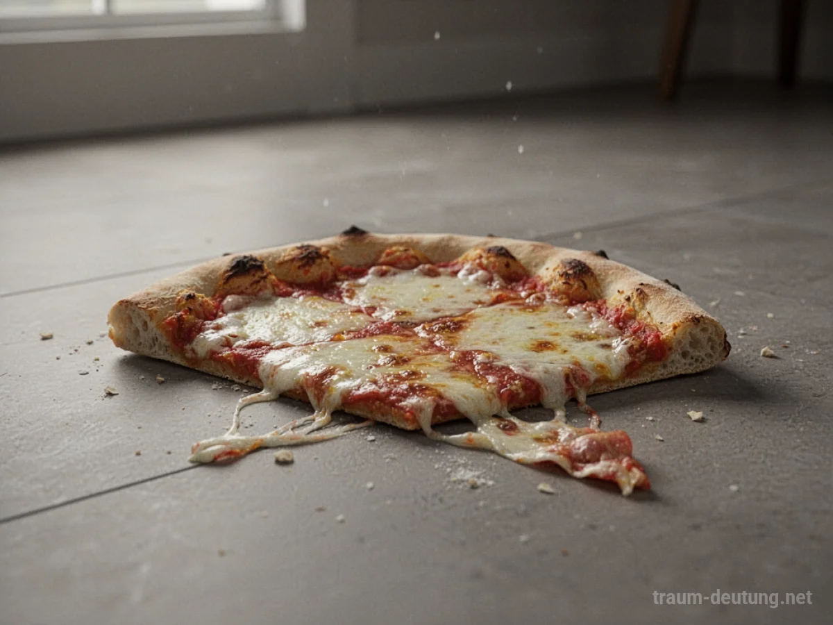 Eine Pizzaschnitte liegt auf dem Boden.