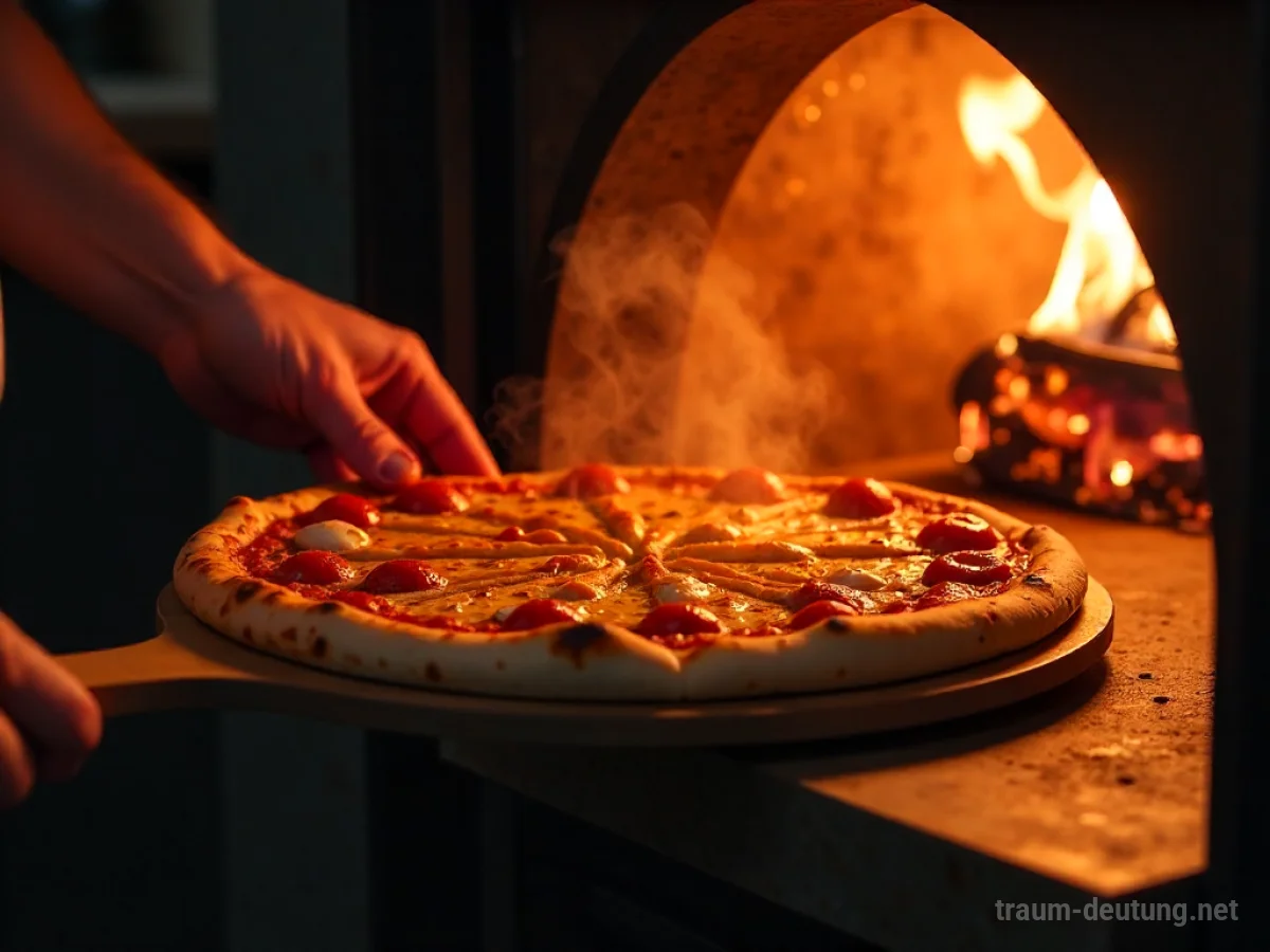 Hände schieben eine selbstgemachte Pizza in einen Ofen.
