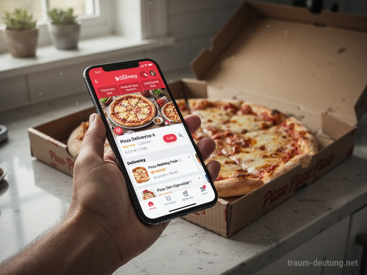 Hand hält Smartphone mit Pizza-App, Pizzakarton im Hintergrund