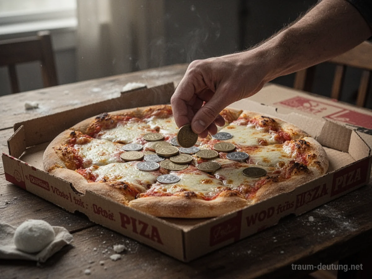 Hand legt Geld auf eine Pizzaschachtel auf einem Tisch.