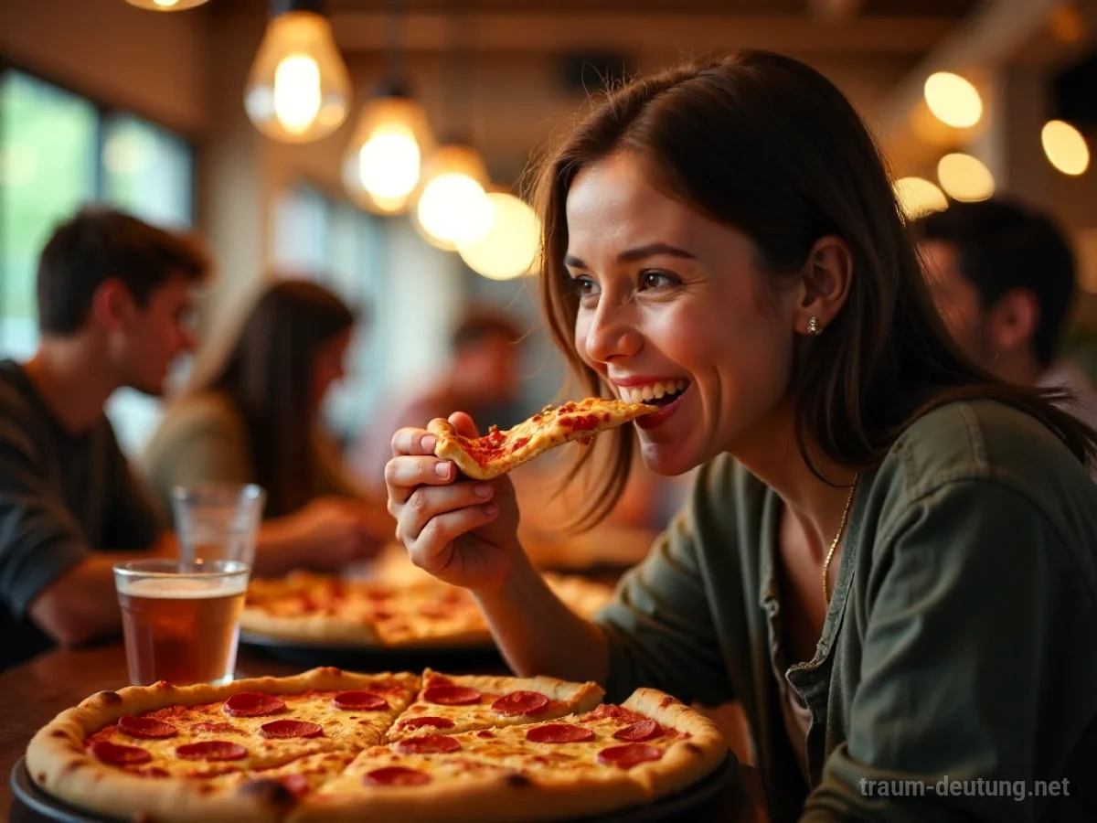 Person isst genüsslich ein Stück Pizza mit Freunden im Hintergrund.