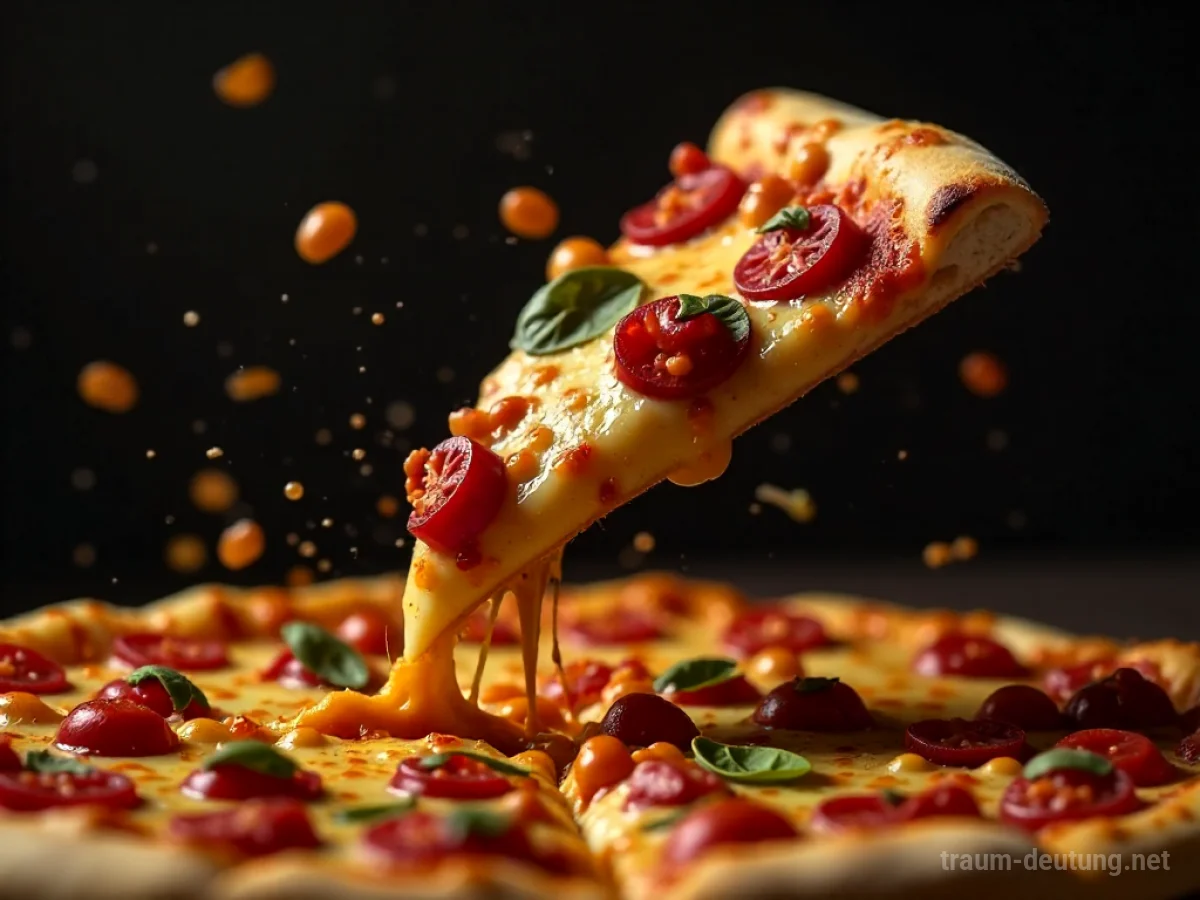 Pizza fällt vom Tisch auf den Boden, Krümel verteilen sich