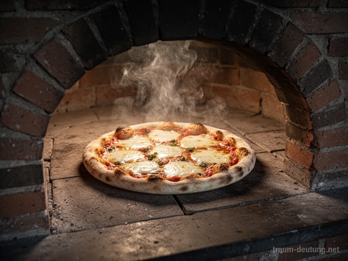 Pizza im Backofen mit aufsteigendem Dampf