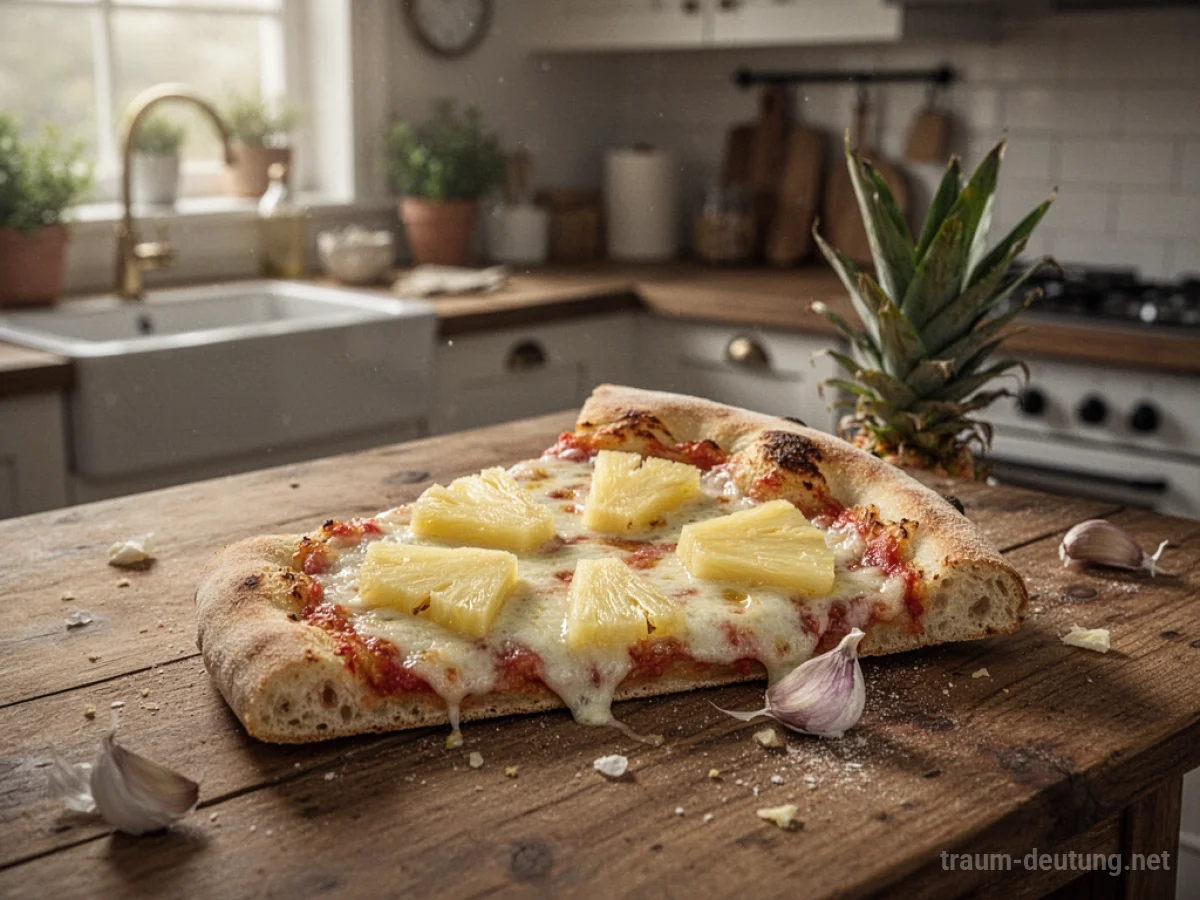 Ein Stück Pizza mit Ananas darauf auf einem Holztisch.