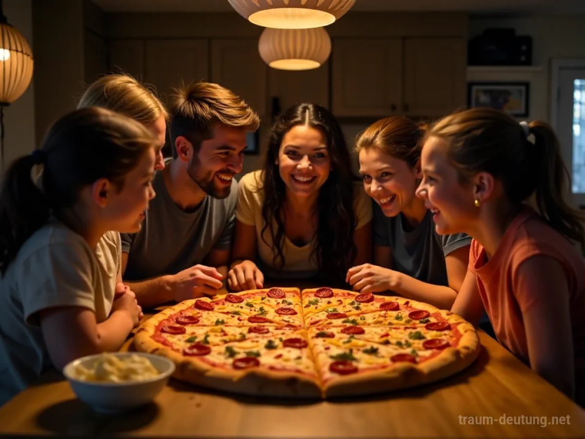 Familie teilt eine Pizza am Tisch