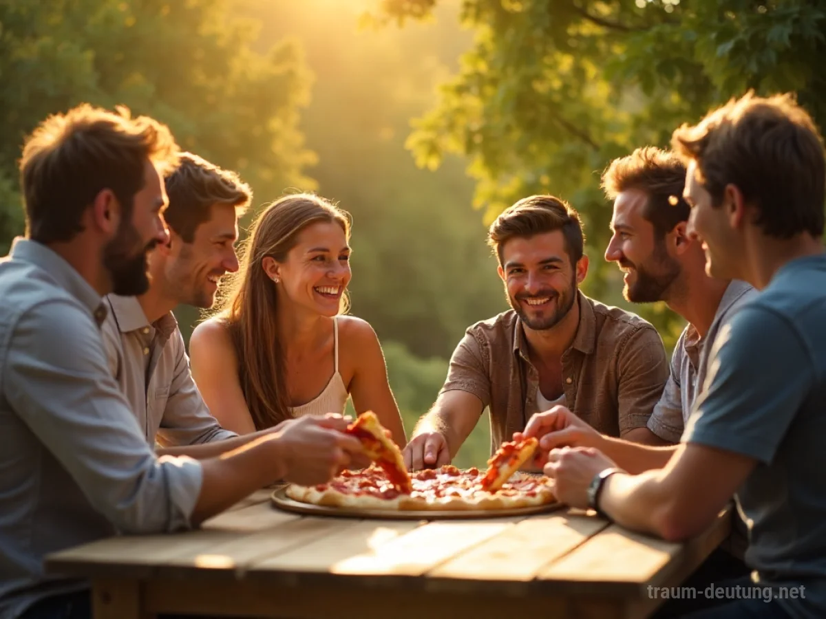 Freunde teilen eine Pizza im Freien unter Bäumen.