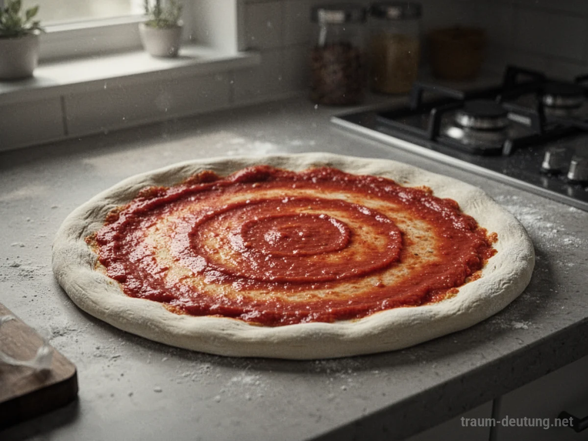 Eine Pizza ohne Belag auf einer Küchentheke