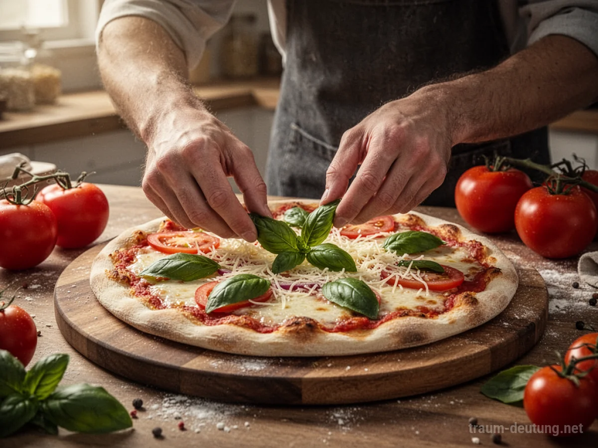Hände machen eine Pizza mit frischen Zutaten