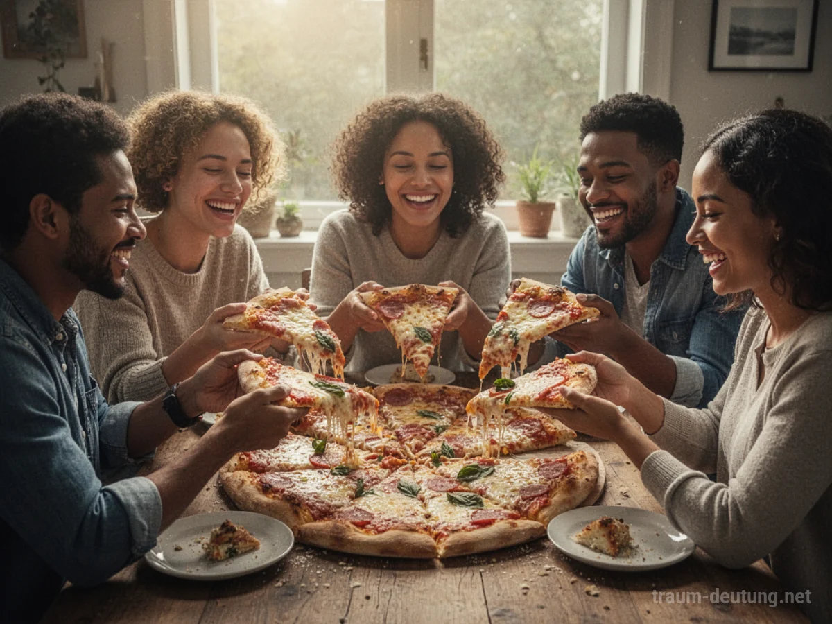 Menschen teilen sich lächelnd eine Pizza an einem Tisch