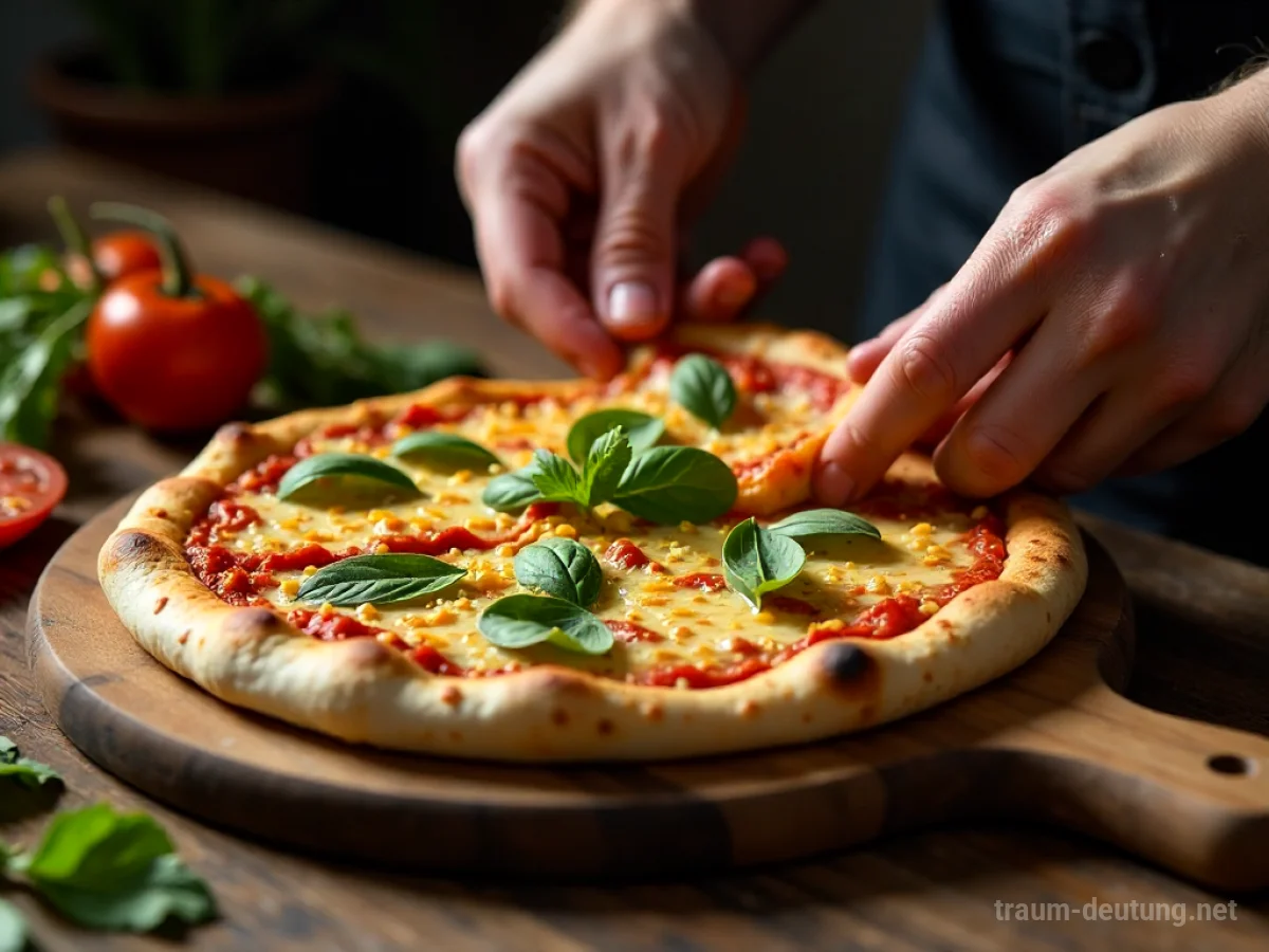Hände belegen eine Pizza mit frischen Zutaten auf einem Holztisch.