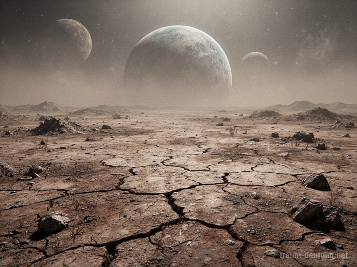 Ein karger, öder Planet unter einem staubigen Himmel, ohne jegliche Lebenszeichen.