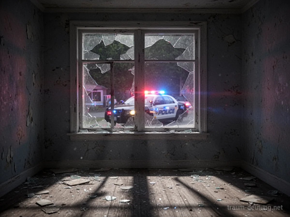 Polizeilichter beleuchten einen dunklen Raum mit zerbrochenem Fenster nach einem Einbruch.