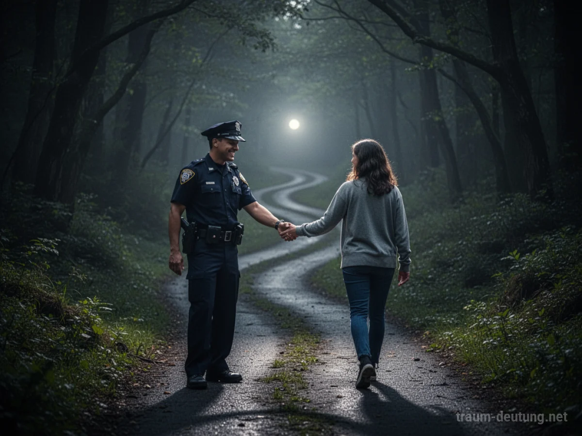 Polizist reicht einer Person die Hand auf einem dunklen Pfad
