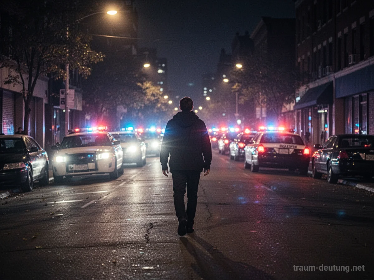 Polizeilichter blitzen in der Ferne auf einer einsamen Straße bei Nacht.