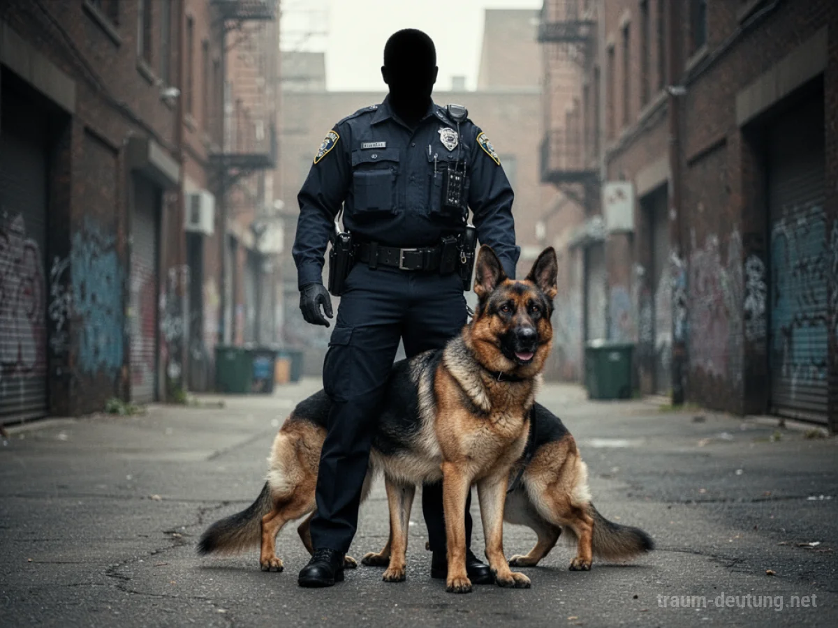 Polizeihund und Hundeführer stehen nebeneinander in einer städtischen Umgebung.