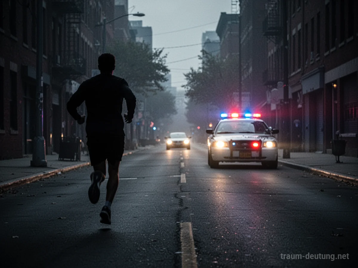 Silhouette einer Person, die vor einem Polizeiauto auf einer dunklen Straße flieht.