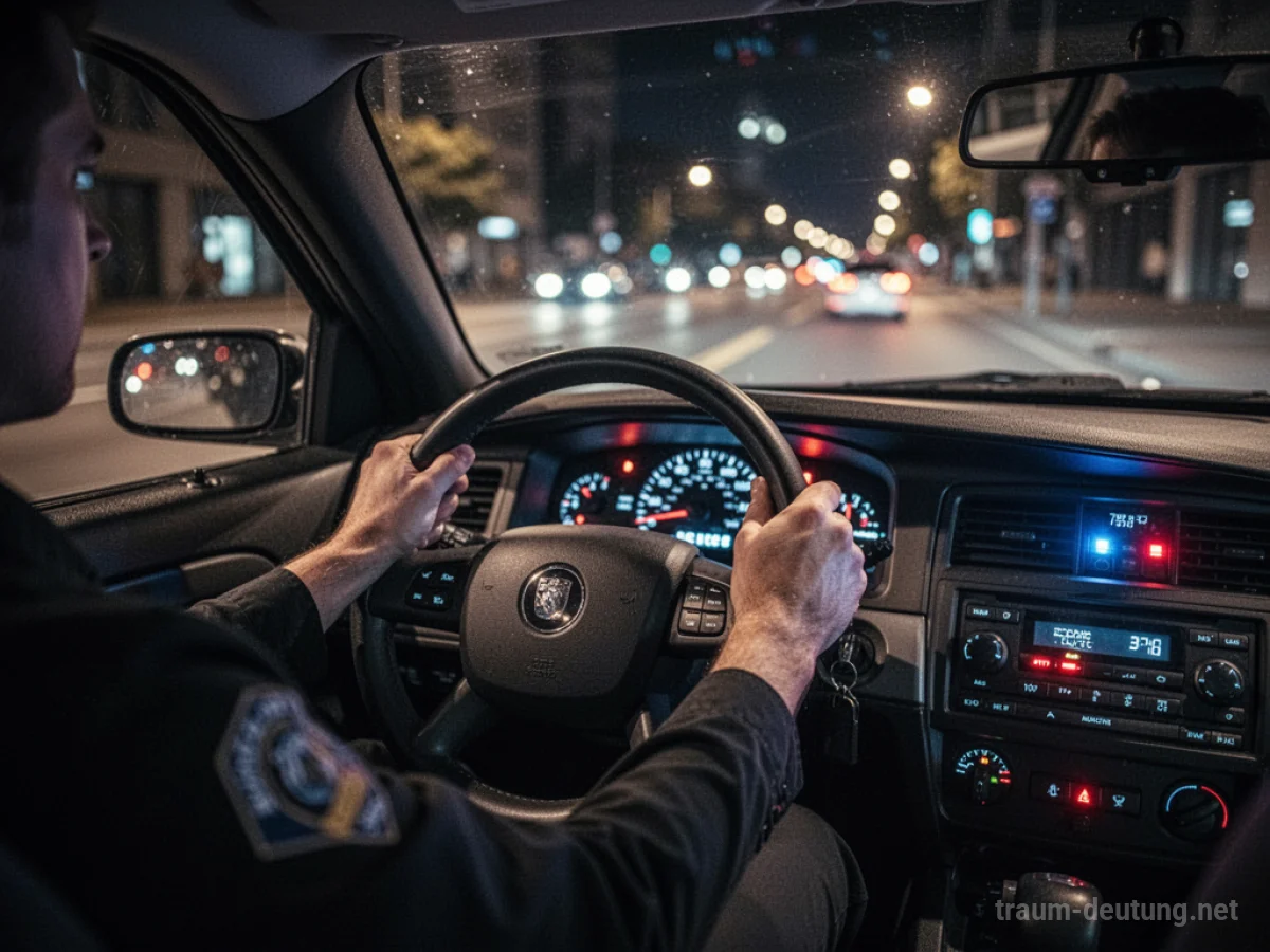 Hände am Steuer eines Polizeiautos bei Nacht auf einer Stadtstraße