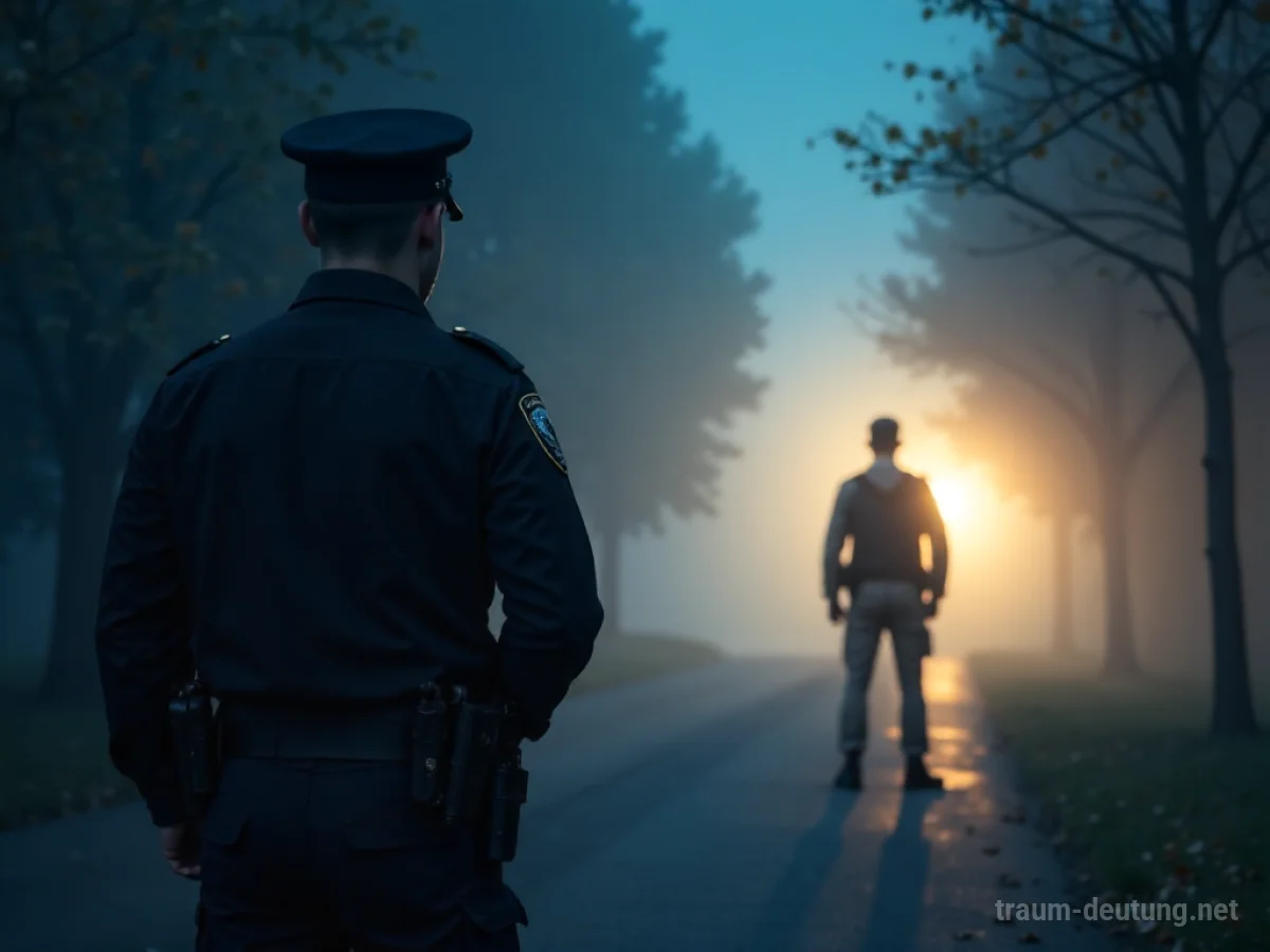 Polizist steht neben einer Person und blickt in die Ferne.