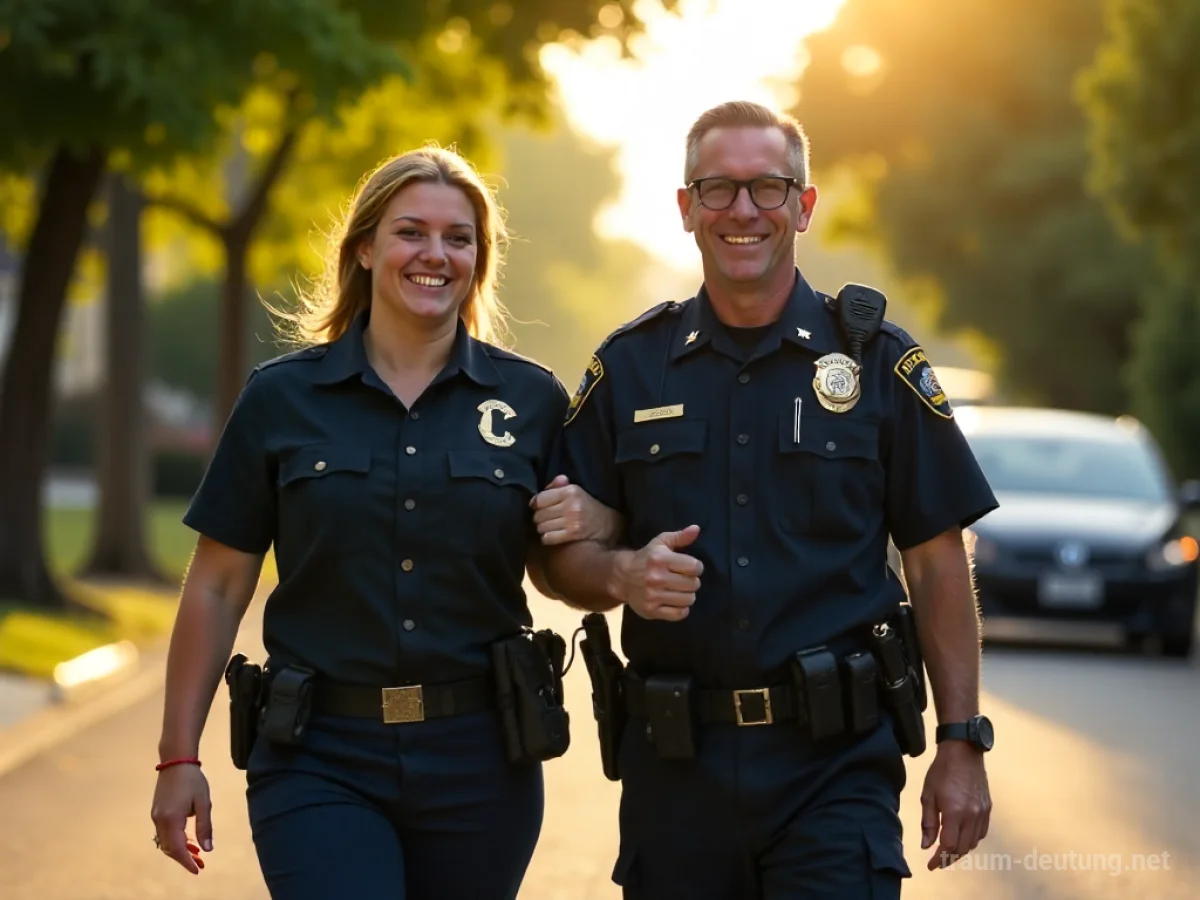 Ein Polizist und eine Person gehen freundschaftlich nebeneinander auf einer Straße.