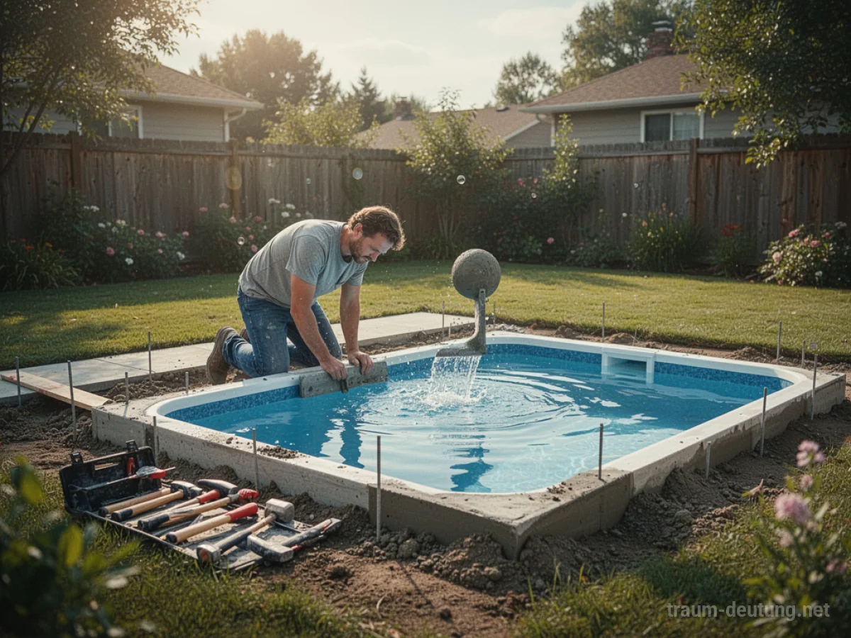 Eine Person baut einen Pool im Garten, der langsam mit Wasser gefüllt wird.