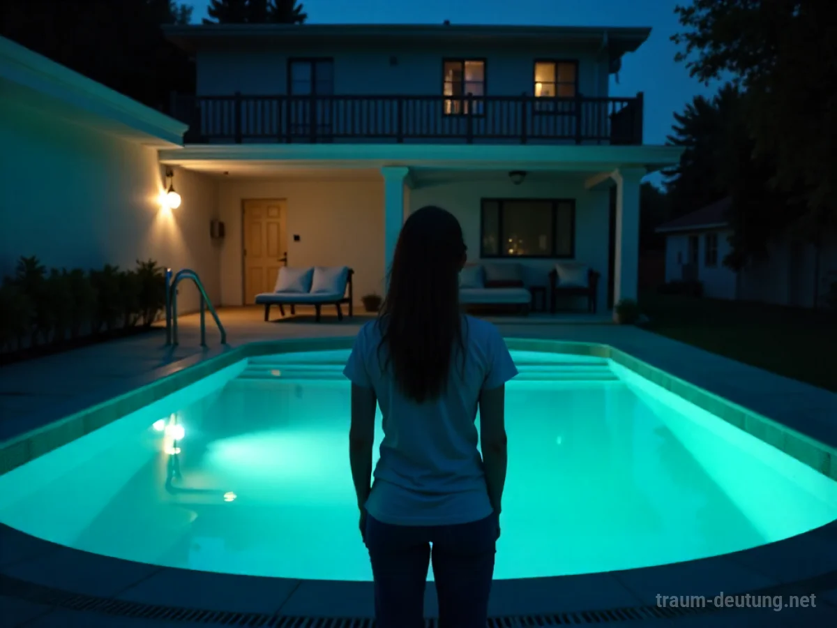 Ein Pool in einem unbekannten Haus bei Nacht, von außen betrachtet.