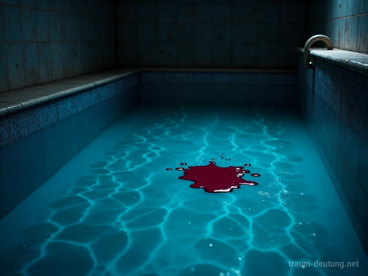Ein dunkler Swimmingpool, auf dessen Oberfläche sich ein roter Fleck ausbreitet.