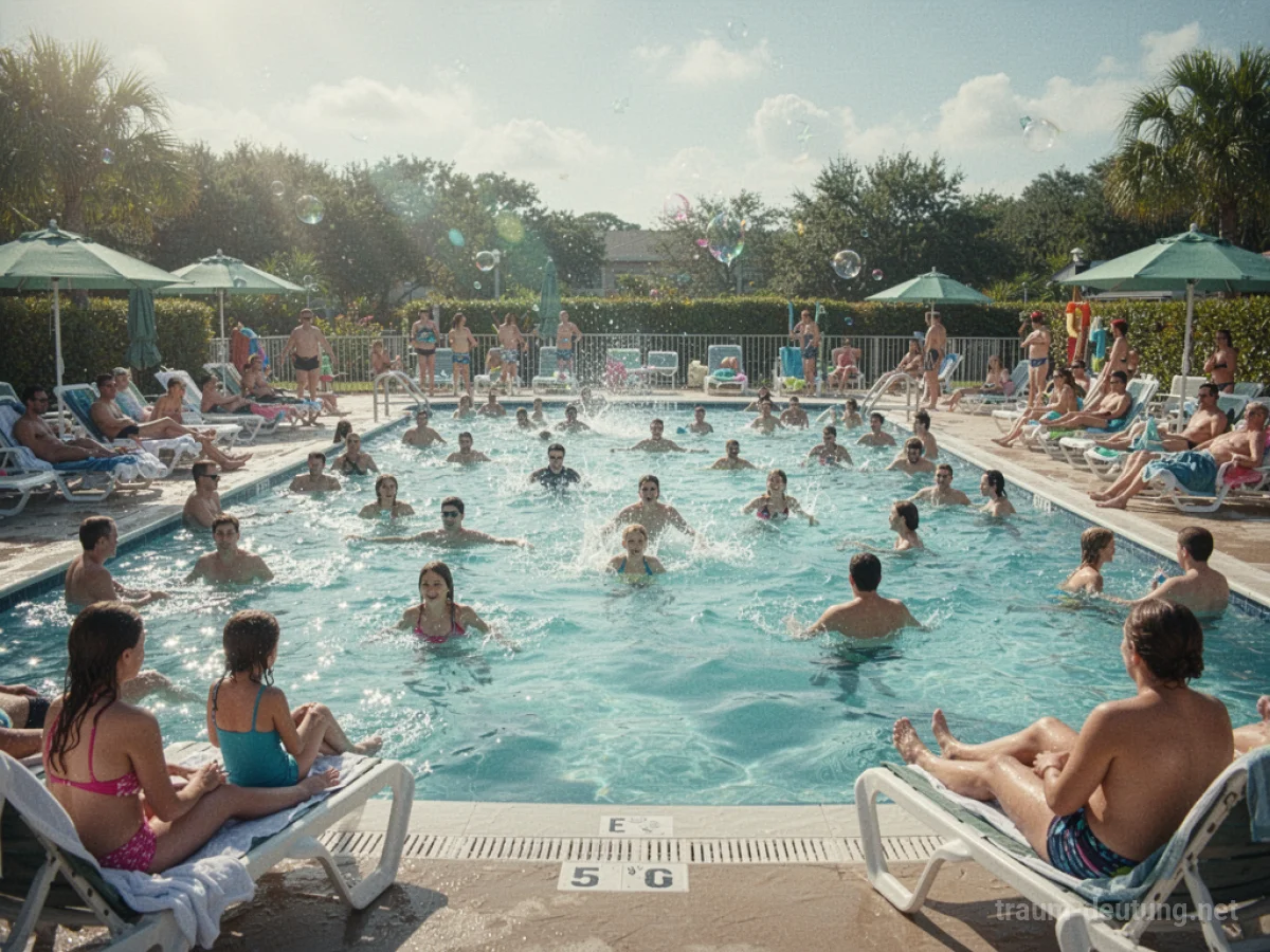 Ein belebter Pool mit vielen Menschen an einem sonnigen Tag