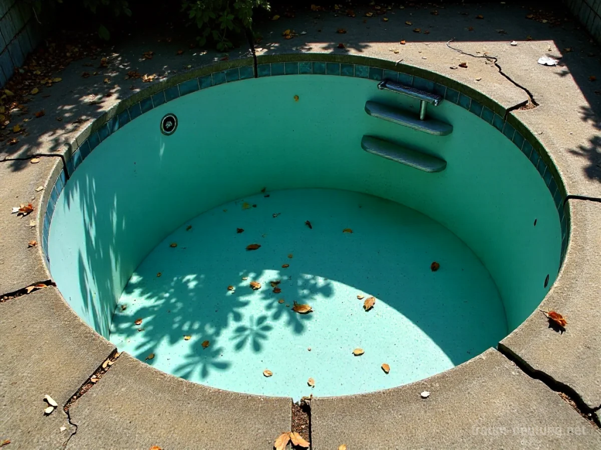 Ein ausgetrockneter Pool mit zerbrochenem Beton und trockenen Blättern.