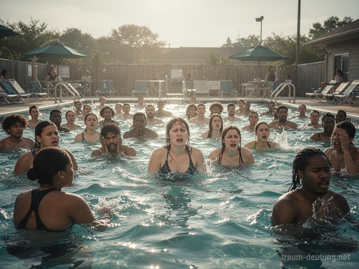 Überfüllter Pool mit vielen Menschen, die gestresst wirken.