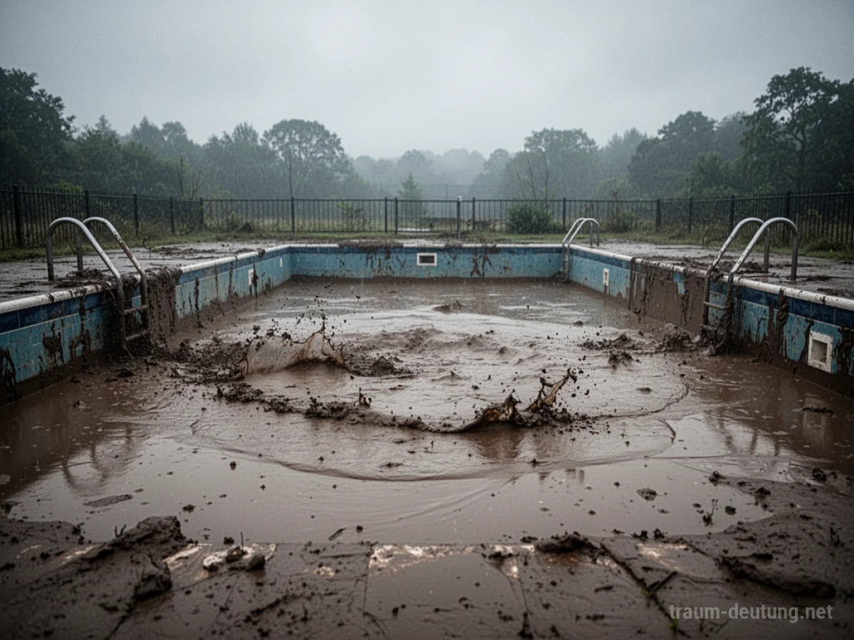 Trüber Pool voller Schlamm unter einem grauen Himmel