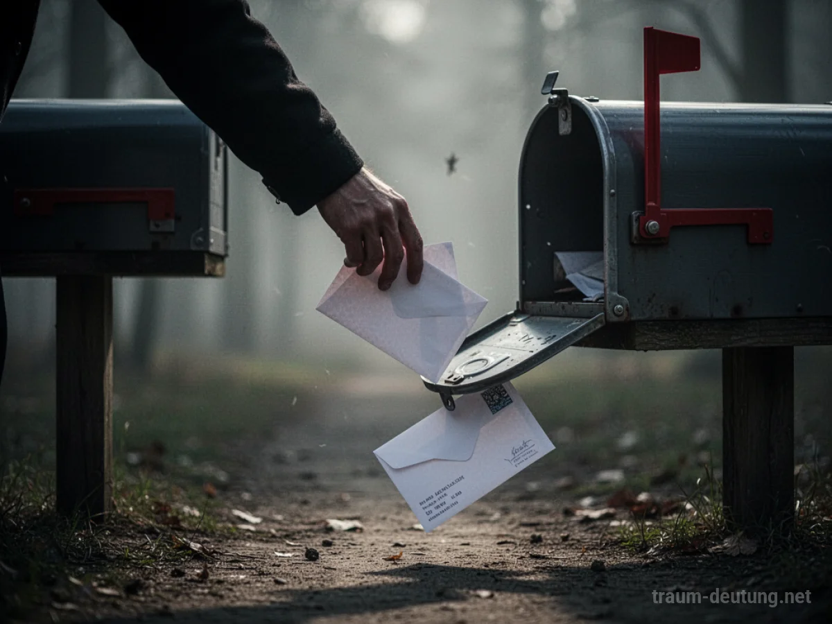 Schattenhafte Figur stiehlt Brief aus offenem Briefkasten, ein Umschlag fällt zu Boden.