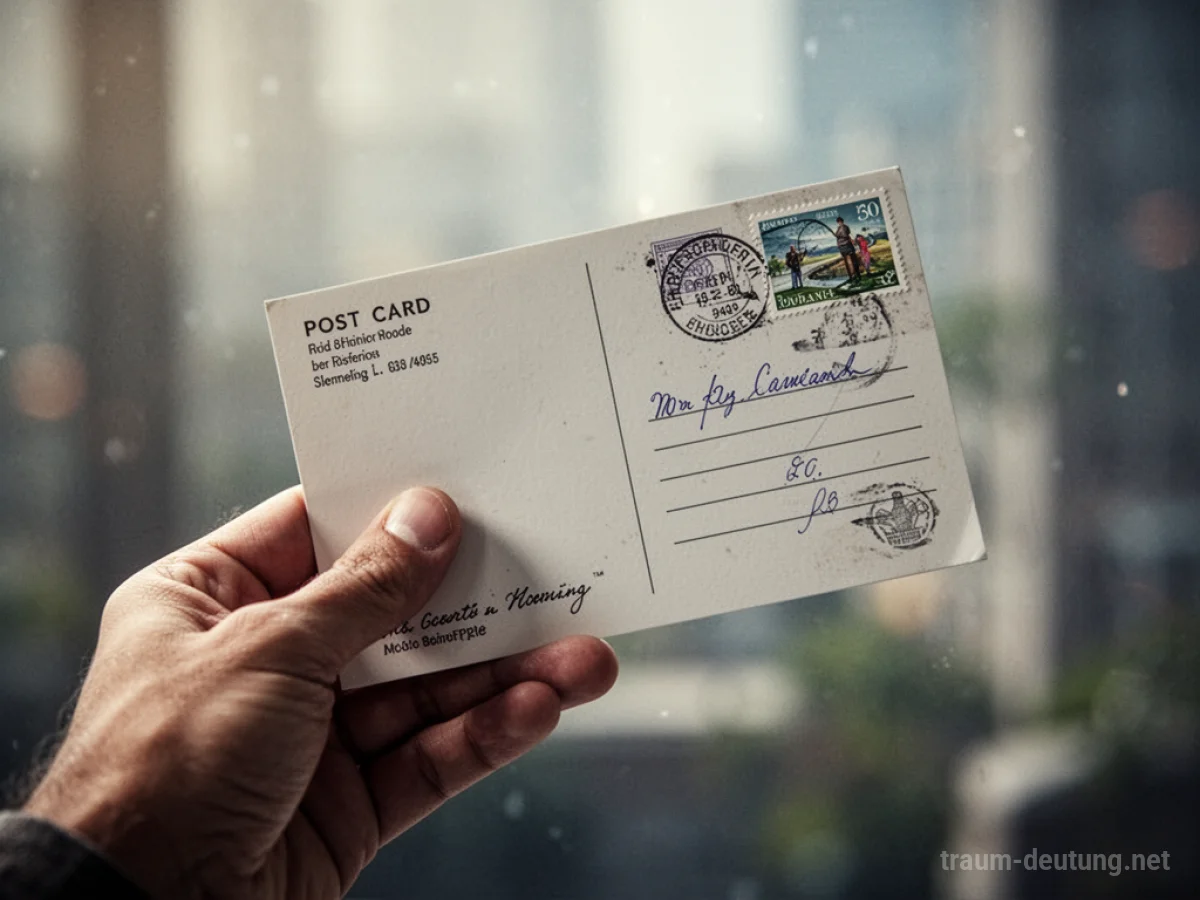 Hand hält eine Postkarte mit Briefmarke zum Verschicken.