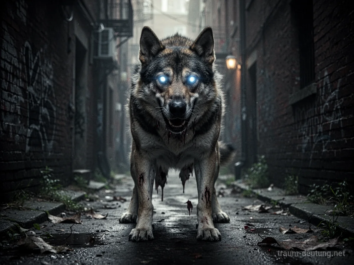 Ein bedrohlicher Monsterhund steht in einer dunklen Gasse.