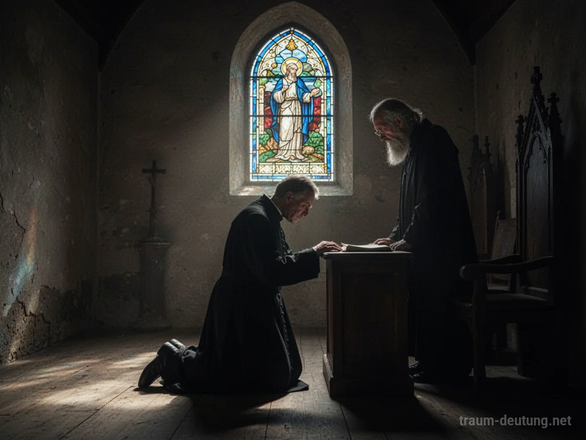 Ein Priester kniet und beichtet in einem dunklen Raum.