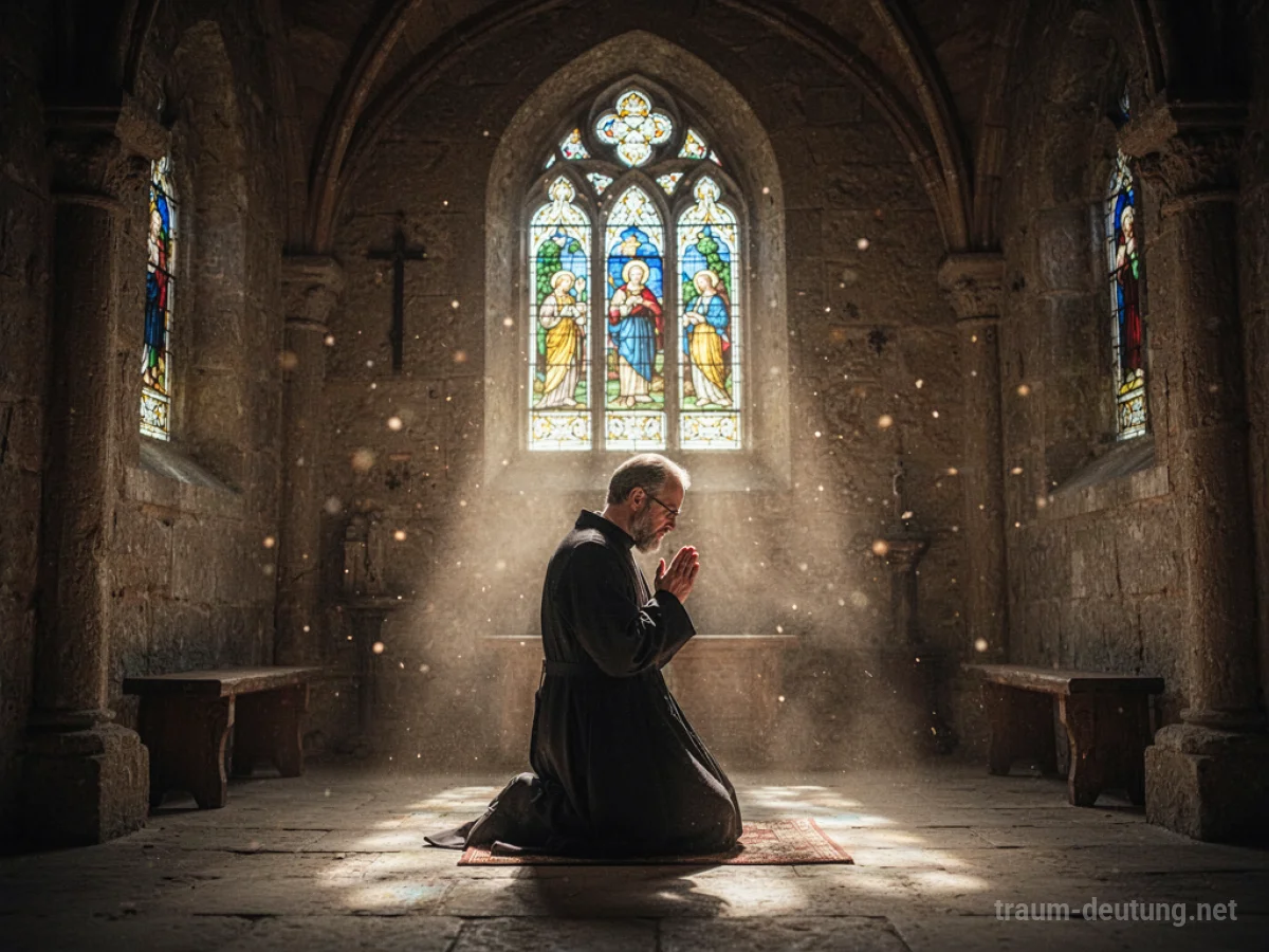 Ein Priester kniet in einer alten Kapelle und betet im sanften Licht eines Buntglasfensters.