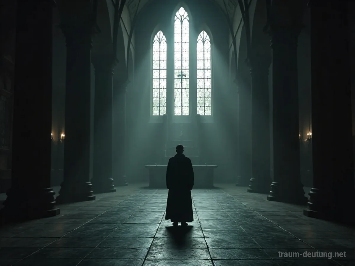Eine einsame Person steht in einer dunklen Kirche, während ein Priester sie ausgrenzt.