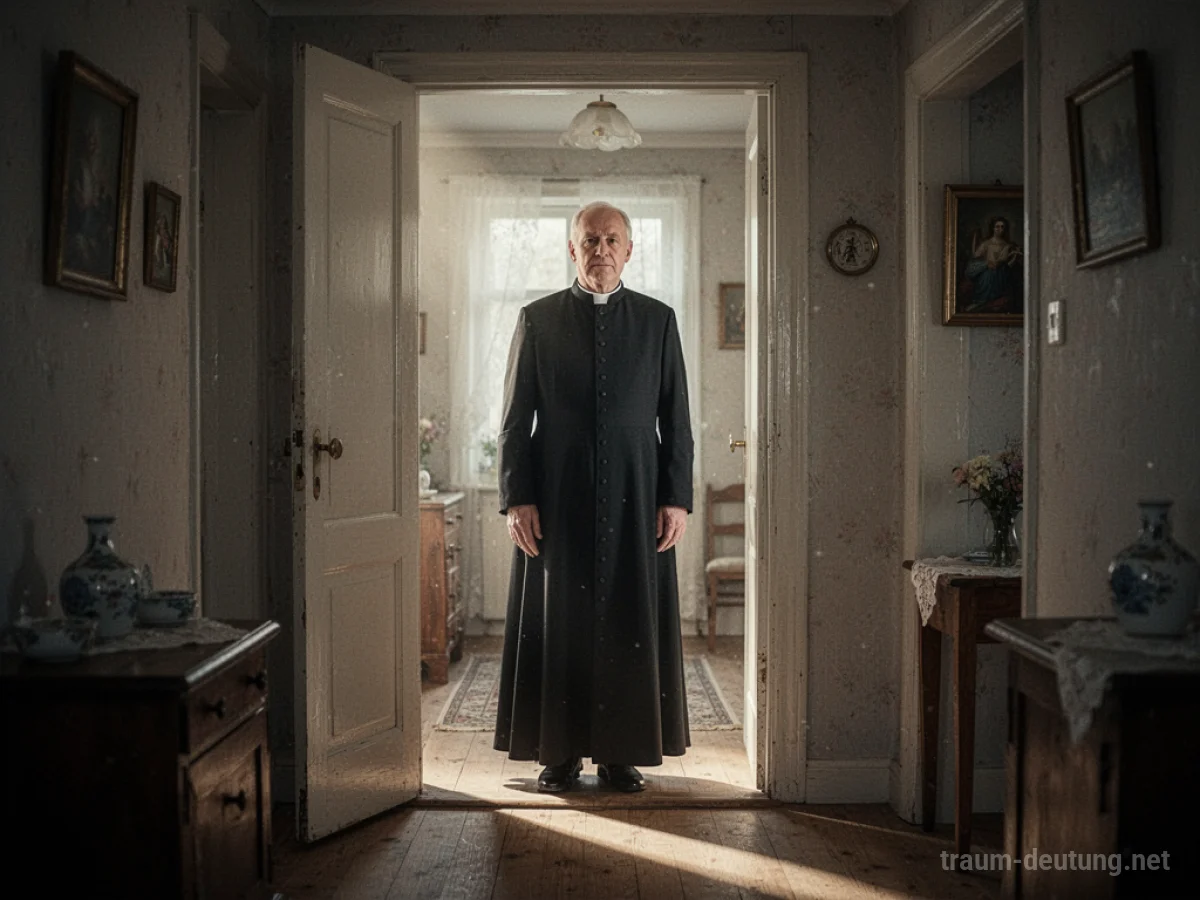Priester steht im Hausflur und blickt nachdenklich hinein.