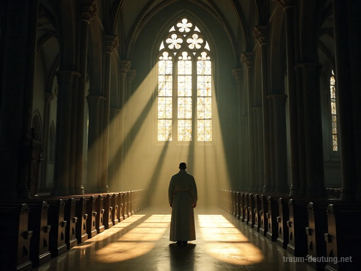 Priester steht in einer großen, hell erleuchteten Kirche