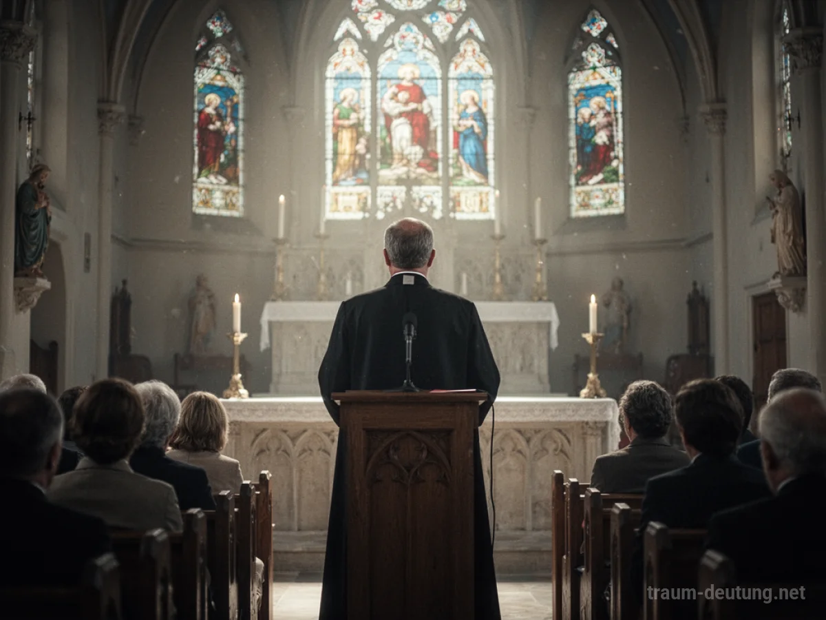 Ein Priester steht am Altar und hält eine Predigt vor einer unsichtbaren Gemeinde.
