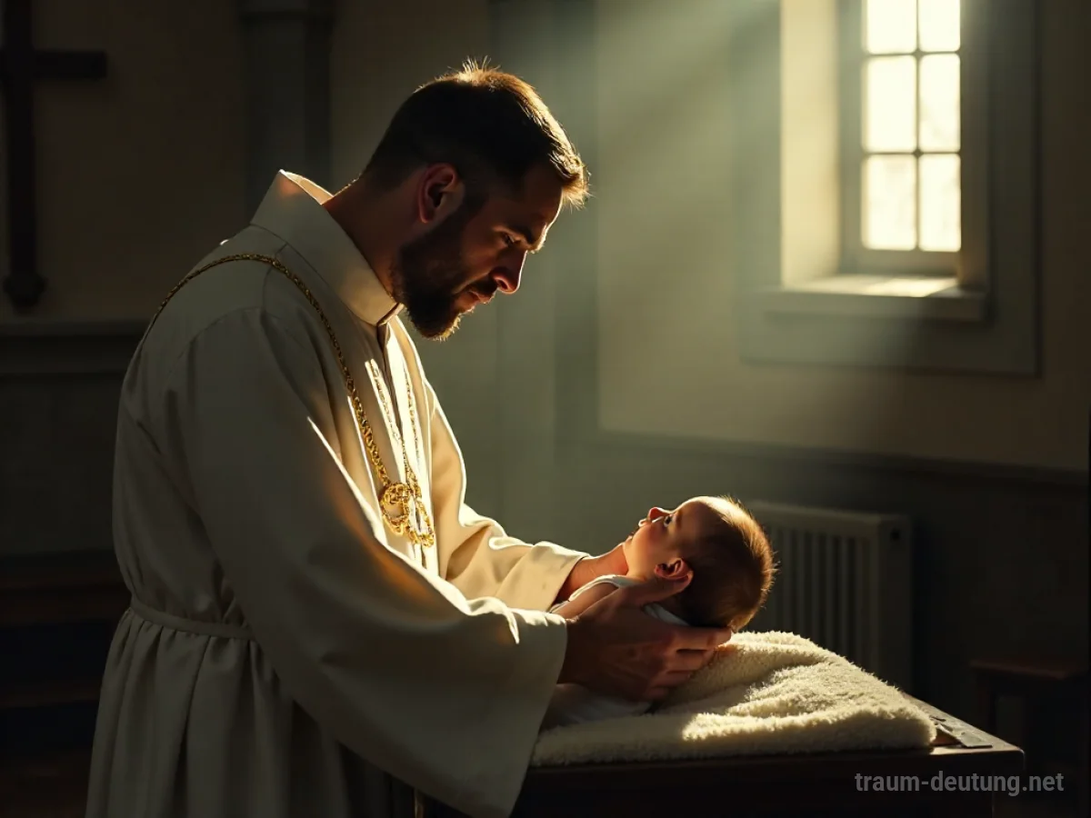 Priester mit Kind bei einer Taufe in einer Kirche