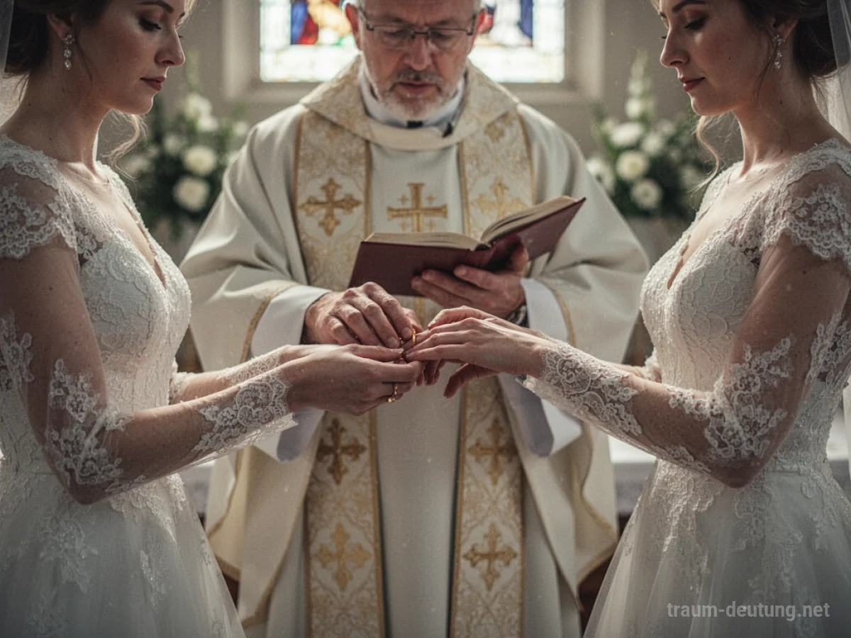 Ein Priester traut ein Paar, Hände mit Ringen im Fokus