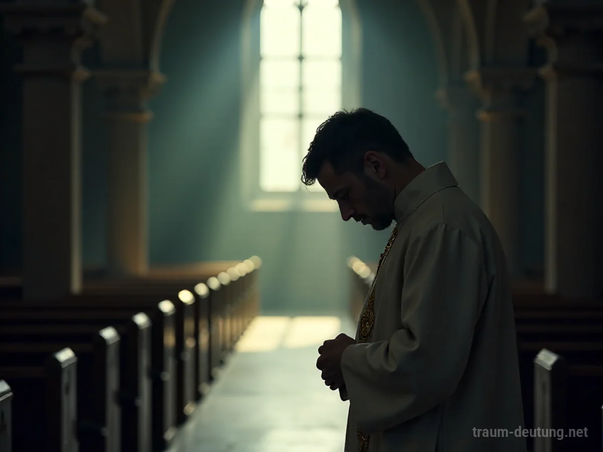 Ein Priester weint in einer dunklen Kirche