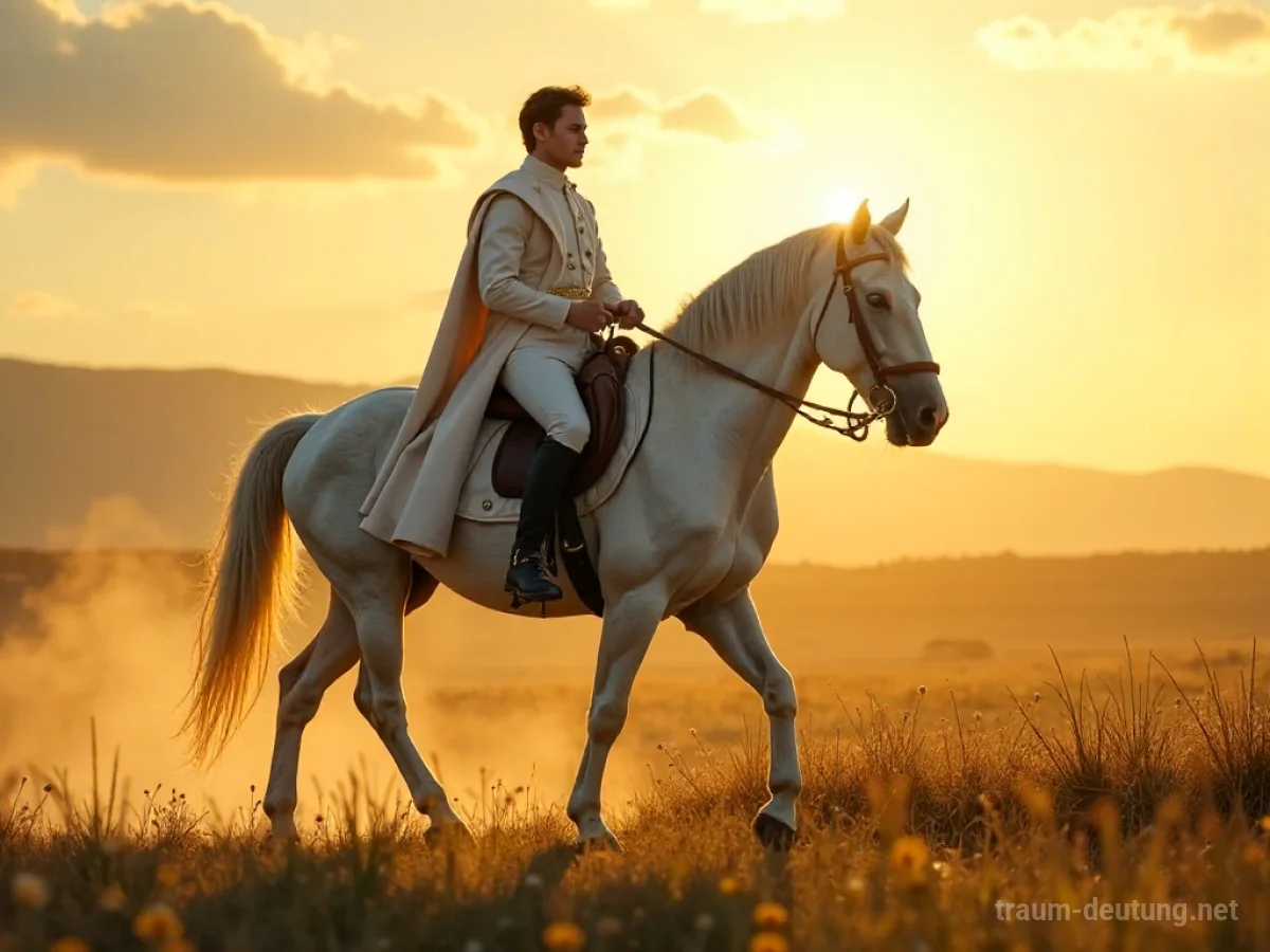 Ein Prinz auf einem weißen Pferd reitet durch eine sonnenbeschienene Landschaft.