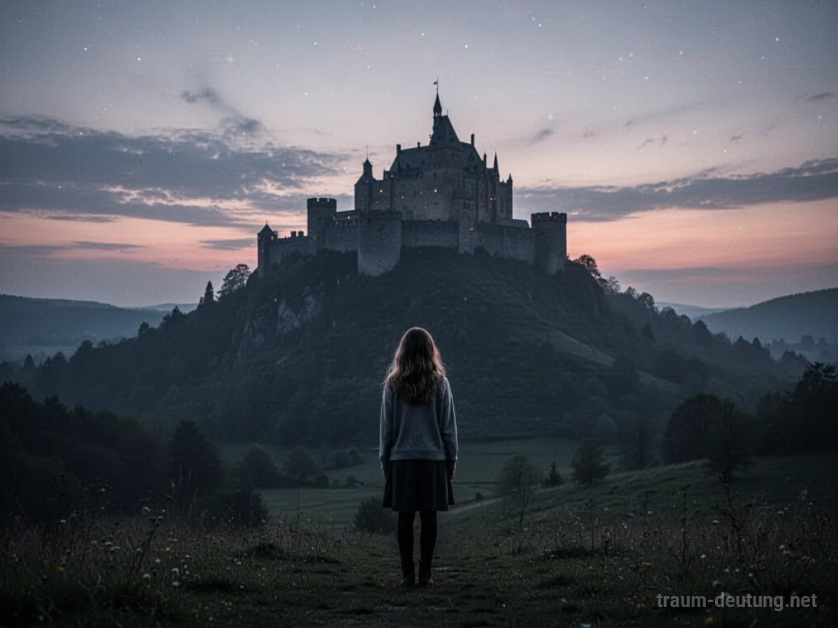 Eine einsame Figur blickt auf eine ferne Burg bei Dämmerung