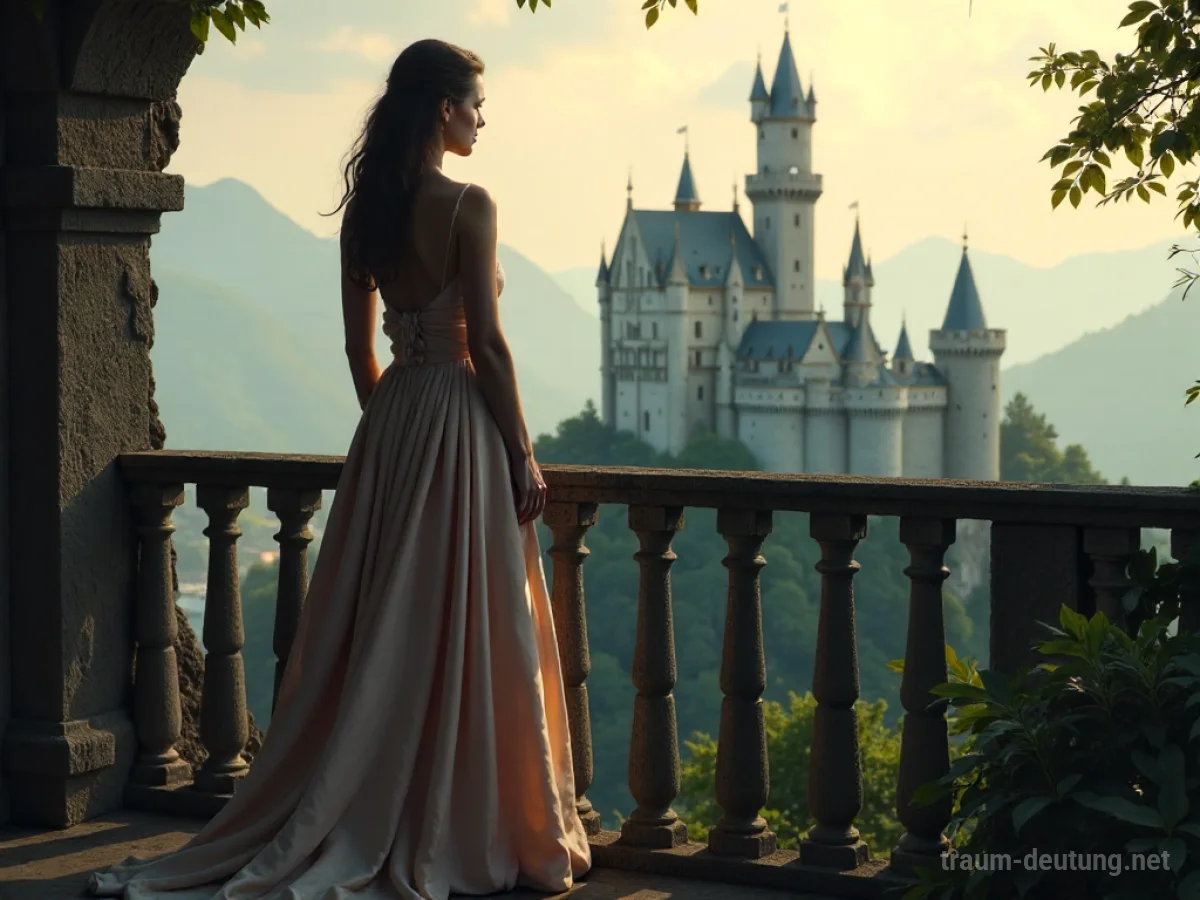 Frau in einem Brautkleid blickt auf ein Märchenschloss