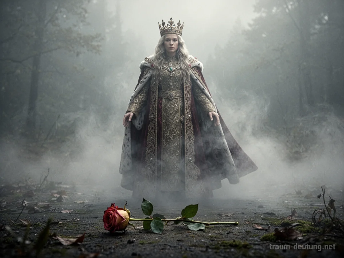 Eine königliche Figur löst sich in Nebel auf, eine verwelkte Rose liegt am Boden.