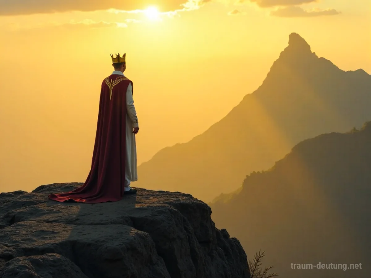 Eine Person steht auf einer Erhöhung im königlichen Gewand und blickt über eine Landschaft.