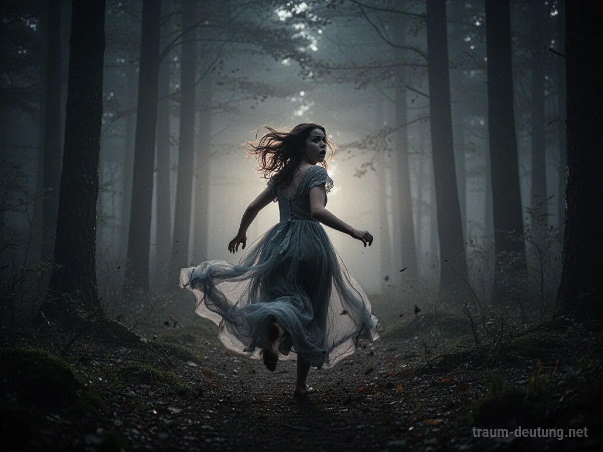Eine Prinzessin flieht durch einen dunklen Wald, blickt ängstlich zurück.